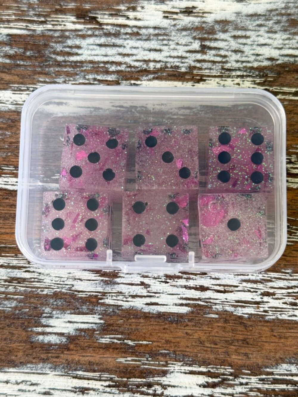 Resin Dice Set 6pcs - Pink Foil Black Dots - Handmade Replacement Dice Games - Picture 4 of 7